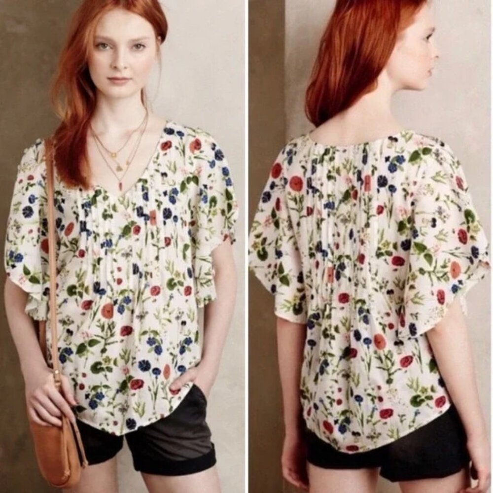 Anthropologie Maeve‎ White Red Blue Floral Pleated Maya Flutter Sleeve Top
